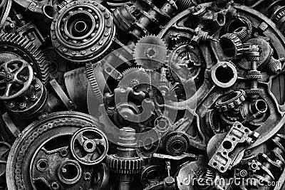 Steampunk background, machine and mechanical parts, large gears and chains from machines and tractors. Stock Photo