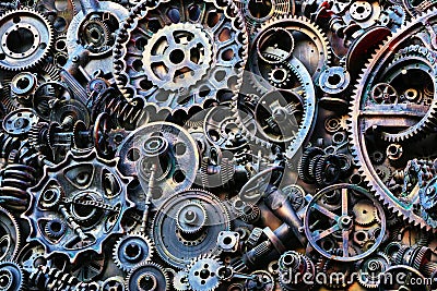 Steampunk background, machine parts, large gears and chains from machines and tractors. Stock Photo