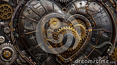 Steampunk background with metal heart. Steam punk style: gold and silver gears and rivets on dark background Stock Photo