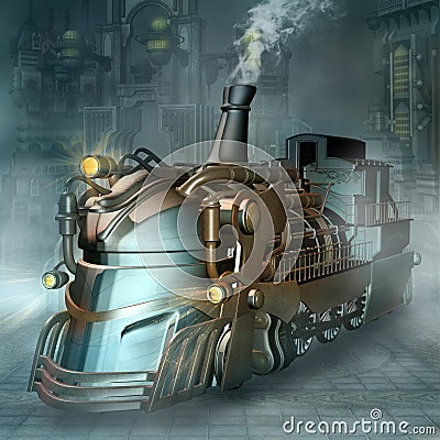 Steampunk train in a futuristic scenery Cartoon Illustration