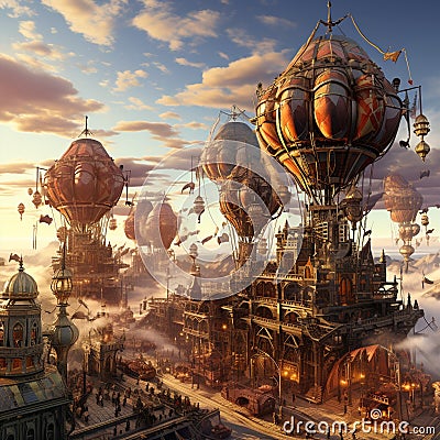 Steampunk Balloon Festival: A Mesmerizing Scene of Industrial Marvels and Victorian Elegance Stock Photo
