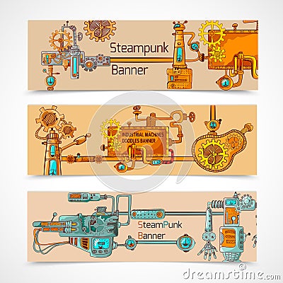 Steampunk Banner Set Vector Illustration