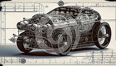 Steampunk Car Graphic Design Blueprint Stock Photo