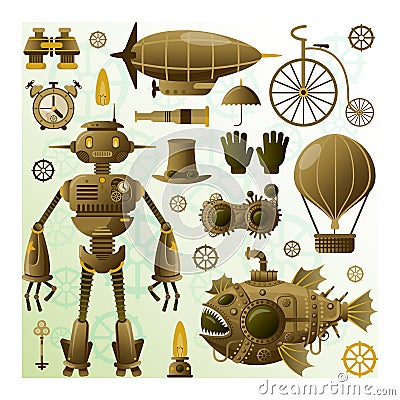 Steampunk character and elements. Vector icons.Steampunk robot.Vintage character.Steampunk submarine.Vintage cyborg Vector Illustration