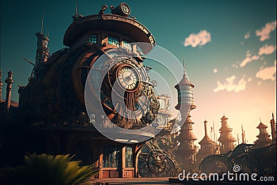 Steampunk clock city landscape, generative ai Stock Photo