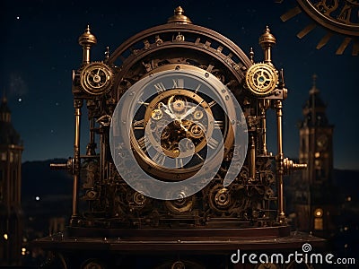 A steampunk clock with gears and cogs that turn and whir, set against a backdrop of a Victorian factory. Generative AI Stock Photo