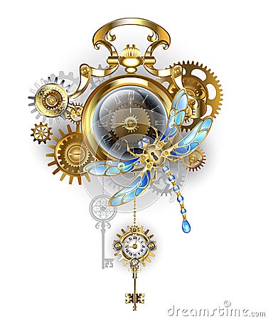 Steampunk clock with mechanical dragonfly Vector Illustration