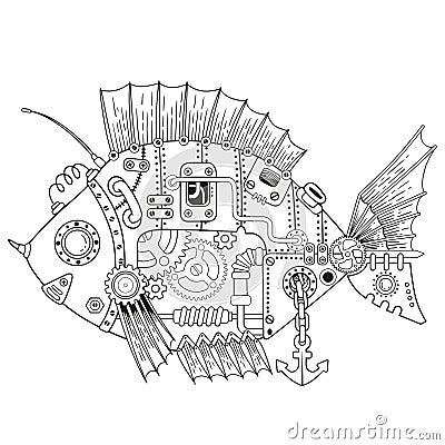 Steampunk vector coloring page. Vector coloring book for adult for relax and medetation. Art design of a fictional mechanical fish Vector Illustration