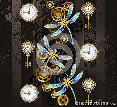 Steampunk dragonflies on striped background Vector Illustration