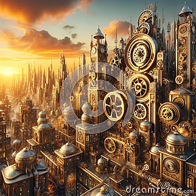 Steampunk Dreamscape: Futuristic Skyscrapers in a Retro City Stock Photo