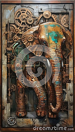 Steampunk Elephant with Cubist Oil Painting Style and Mechanical Intricacy. Perfect for Posters and Web. Stock Photo