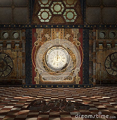Steampunk fantasy room with clock and gears Cartoon Illustration