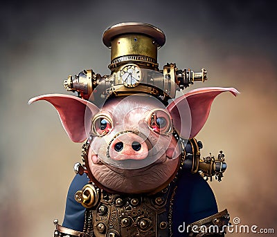 Steampunk Farm Pig, Retro Technology Stock Photo