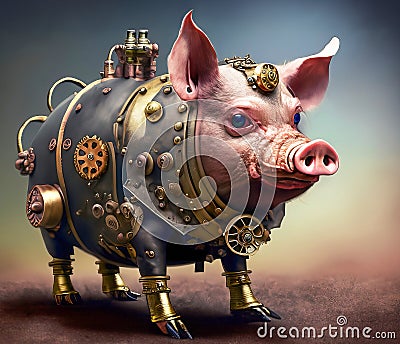 Steampunk Farm Pig, Retro Technology Stock Photo