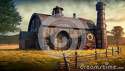 Steampunk Farm, Retro Technology Background Stock Photo