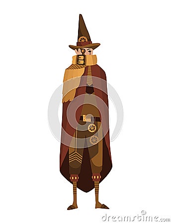 Steampunk fashion technology, fantasy vintage illustration with cartoon man in steampunk costume. Steam punk invention Vector Illustration