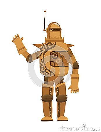 Steampunk fashion technology, fantasy vintage illustration with cartoon man in steampunk robot costume. Steam punk Vector Illustration
