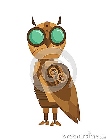 Steampunk fashion technology, fantasy vintage illustration with cartoon owl robot. Steam punk invention. Character with Vector Illustration