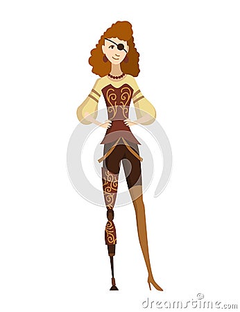 Steampunk fashion technology, fantasy vintage illustration with cartoon woman in steampunk costume. Steam punk invention Vector Illustration