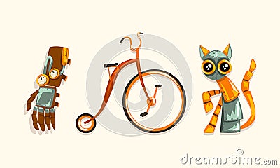Steampunk Fictional Objects and Mechanism with Cat Robot and Mechanical Hand Vector Set Vector Illustration
