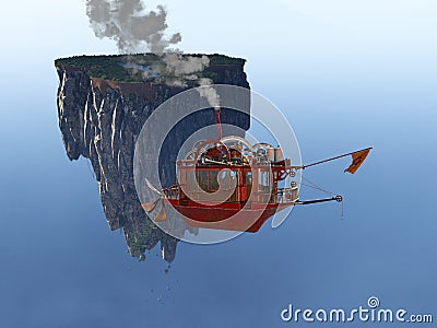 Steampunk Flying Machine, Floating Island Stock Photo