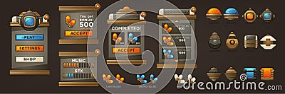 Steampunk Full Asset for your Mobile Game, retro futuristic mechanical objects and UI collection Vector Illustration
