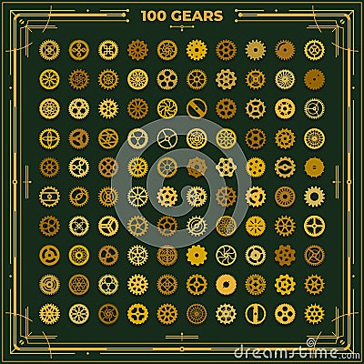 Steampunk gears set victorian era vintage design style clockwork illustration metal cogs elements on dark green Vector Illustration