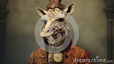 Steampunk Giraffe: A Photorealistic Portraiture Of A Quirky Clockpunk Character Stock Photo