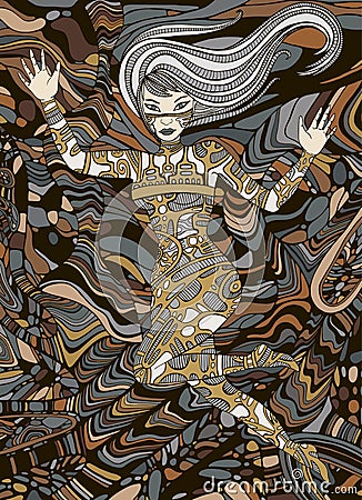 Steampunk girl art. Surreal fantastic doodle style woman. Vector Illustration