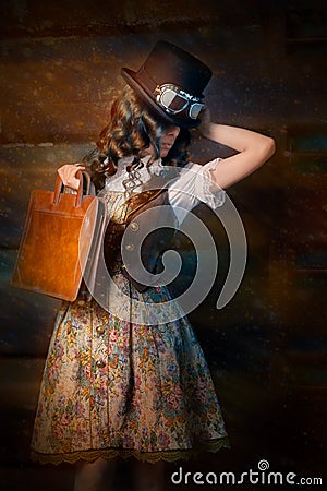 Steampunk Girl with Leather Portfolio Bag Stock Photo