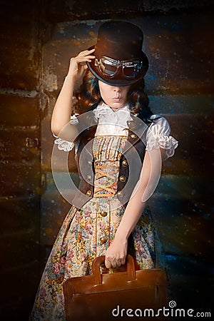 Steampunk Girl with Leather Portfolio Bag Stock Photo