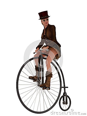 Steampunk girl on penny farthing bicycle Stock Photo