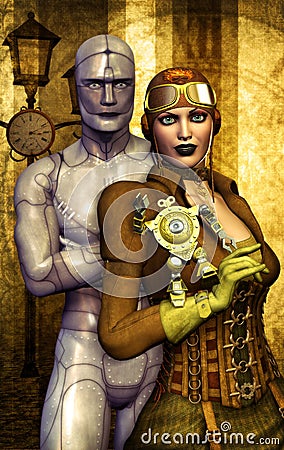 Steampunk girl and robot Stock Photo