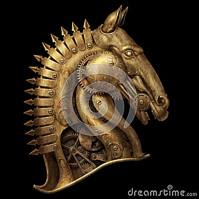 Steampunk golden mechanical horse head Cartoon Illustration