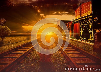 Steampunk industrial train station Stock Photo