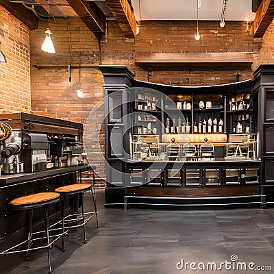 A steampunk-inspired coffee bar with vintage coffee machines, industrial piping, and gear decorations3, Generative AI Stock Photo