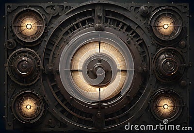 Steampunk inspired mechanical device featuring multiple glowing lights arranged in a circular pattern Stock Photo