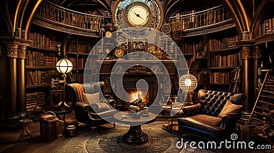 A steampunk-inspired reading room adorned with vintage brass gadgets and leather-bound books. Stock Photo