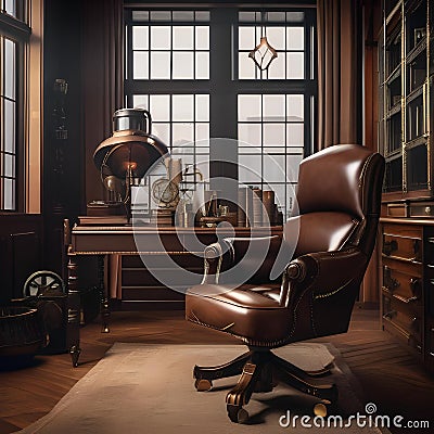 A steampunk-inspired study with vintage leather chairs, brass fixtures, and old-world charm1 Stock Photo