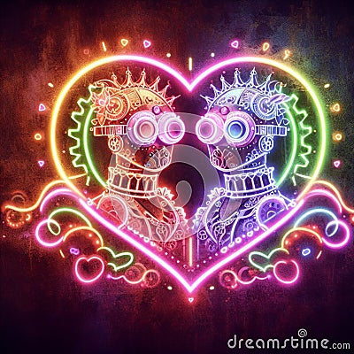 steampunk king and queen in love neon sign valentine illustration concept rusty background Cartoon Illustration