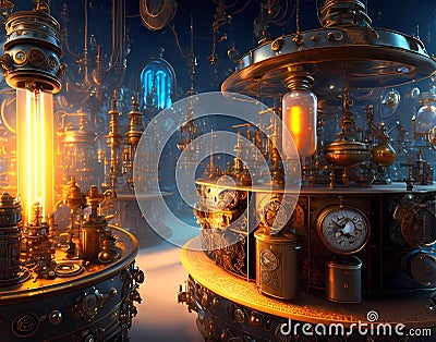 The steampunk laboratory of alchemist - AI generated art Stock Photo