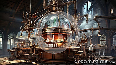 Steampunk laboratory intricate brass machinery, glowing concoctions, sunlit gears cogs Stock Photo