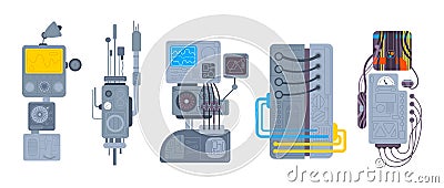 Steampunk machines. Retro engineering vintage machinery scifi gauge, fantastic technology engine dream machine Cartoon Illustration