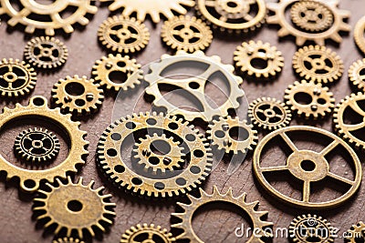 Steampunk mechanical cogs gears wheels on wooden background Stock Photo