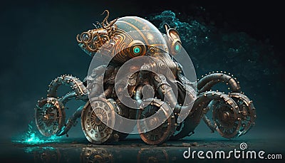 Steampunk mechanical object, blend between octopus and motorbike, part creature, part bike, moving underwater, AI generative Stock Photo