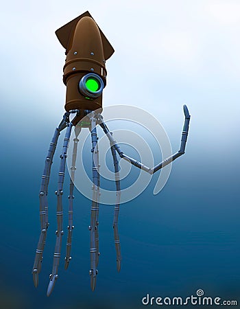 Steampunk Mechanical Squid Under Water Stock Photo