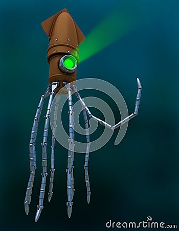 Steampunk Mechanical Squid Under Water Stock Photo