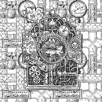 Steampunk mechanism sketch Vector Illustration