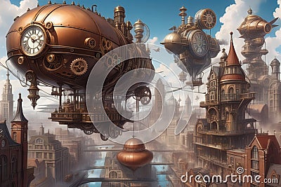 A steampunk metropolis adorned with intricate gears, towering clockwork buildings, and airships soaring through the skies Cartoon Illustration