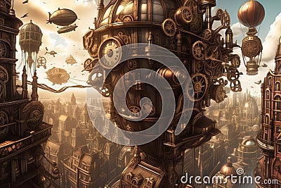 A steampunk metropolis adorned with intricate gears, towering clockwork buildings, and airships soaring through the skies Cartoon Illustration
